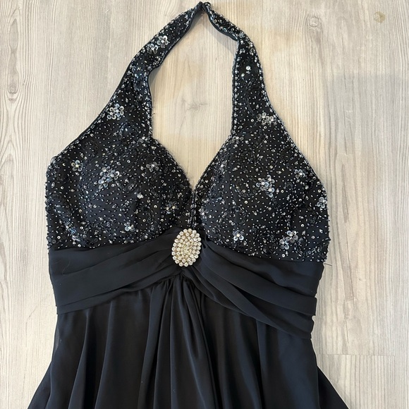 Black Halter Formal Dress with Silver Rhinestones - Picture 3 of 11
